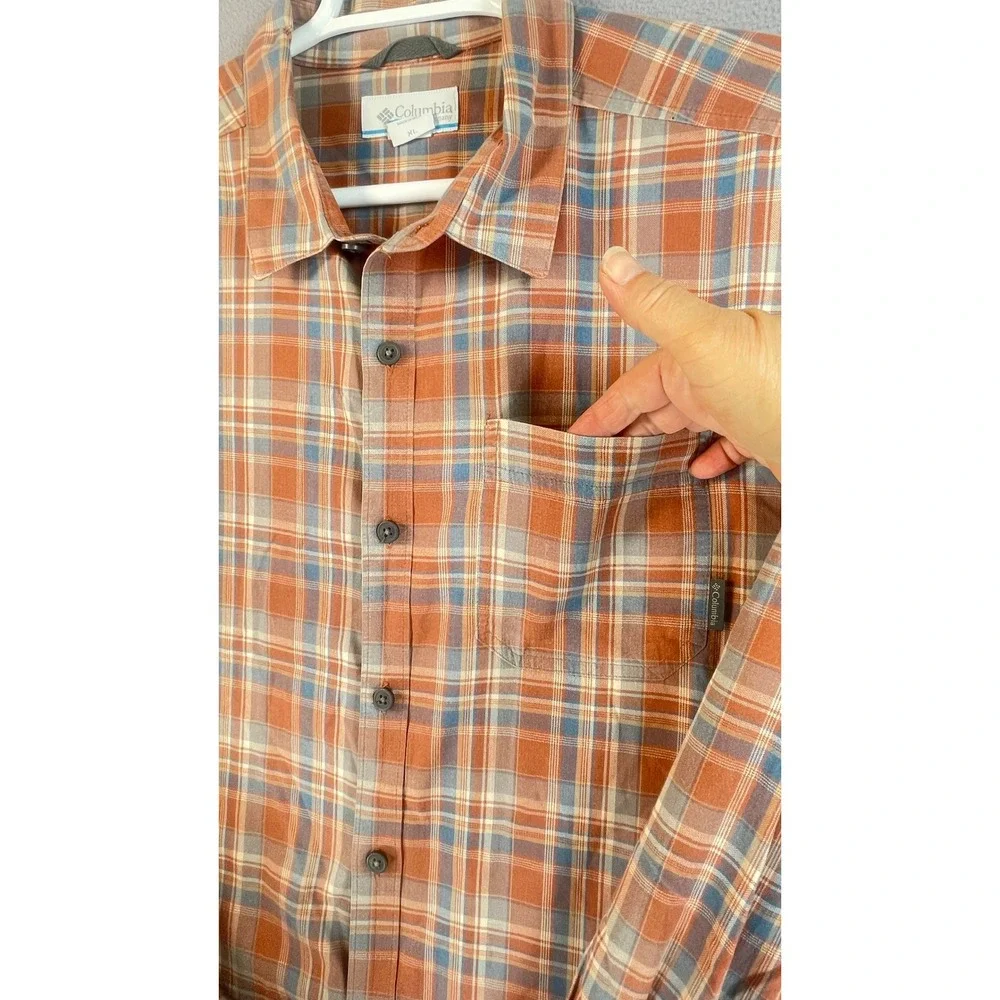 Columbia Button Front Shirt Mens XL Orange Plaid Long Sleeve Cotton Outdoor